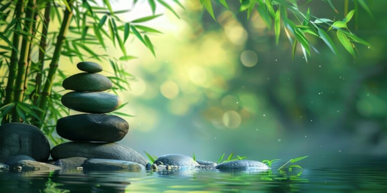 Cairns on a stream in nature symbolize wellness.