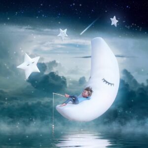 Image of boy fishing on the moon represents creative dreaming.