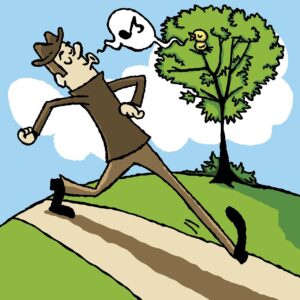 Image of Man and yellow bird singing together, symbolizes the health benefits of listening to birdsong.